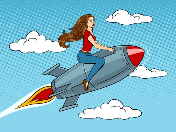 Mujer volando cohete pop arte estilo vector — Archivo Imágenes Vectoriales