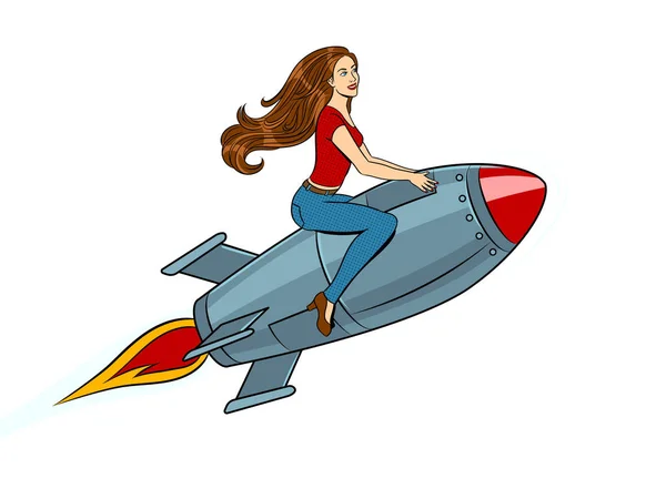 Frau fliegt Rakete Pop Art Stil Vektor — Stockvektor
