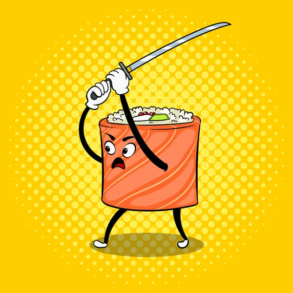 Sushi roll dengan Jepang pedang pop art vektor - Stok Vektor