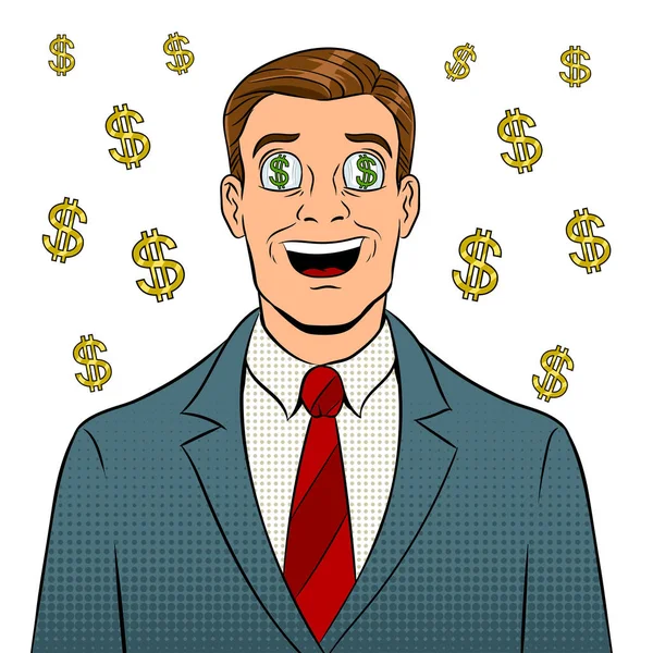 Бизнесмен со знаком доллара в глазах поп-арт — стоковый вектор