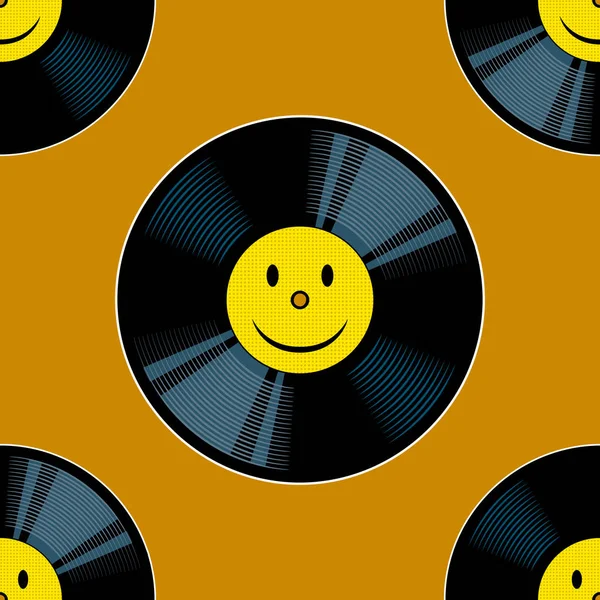 Vinyl record met gele glimlach naadloze vector — Stockvector