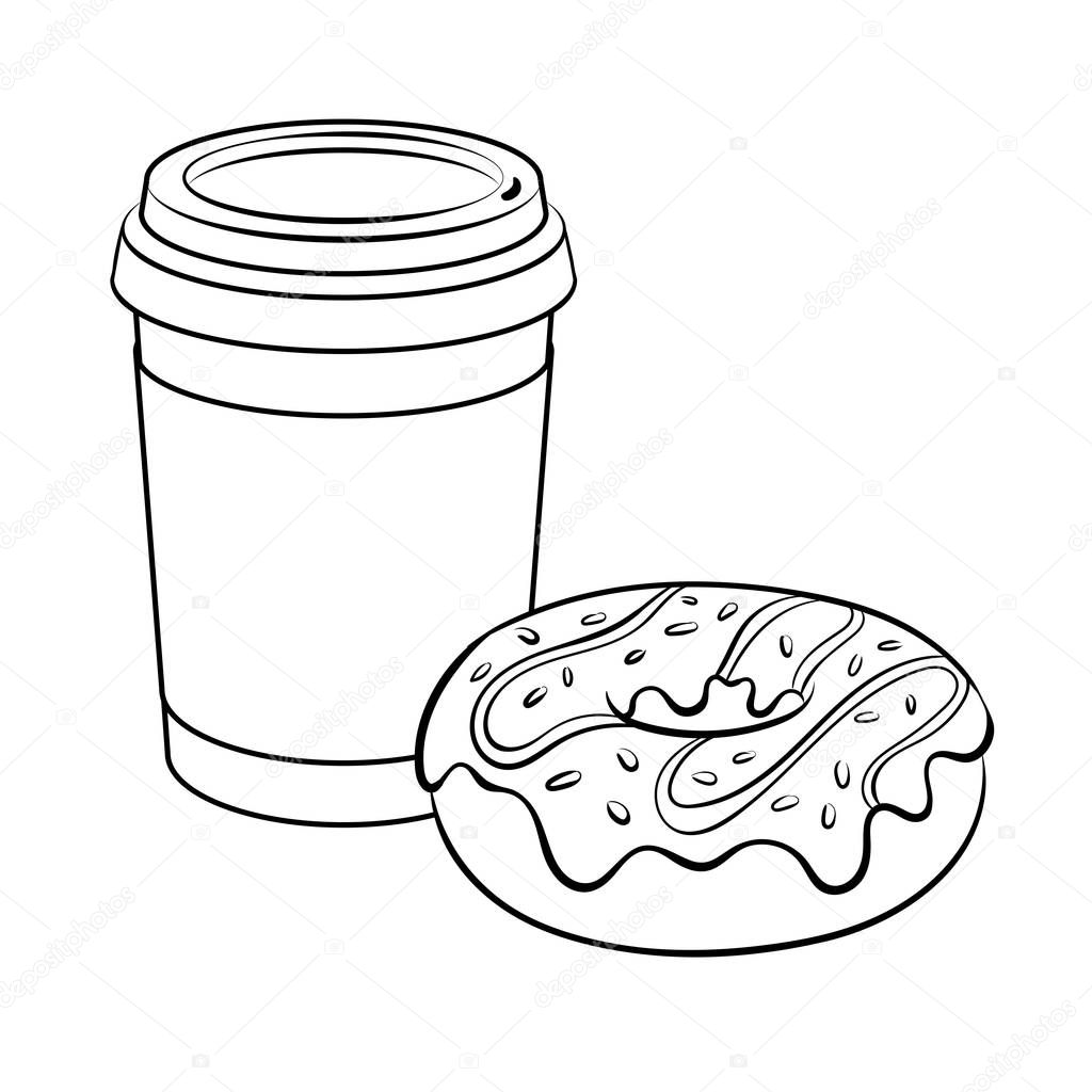 Coffee cup and donut coloring book vector