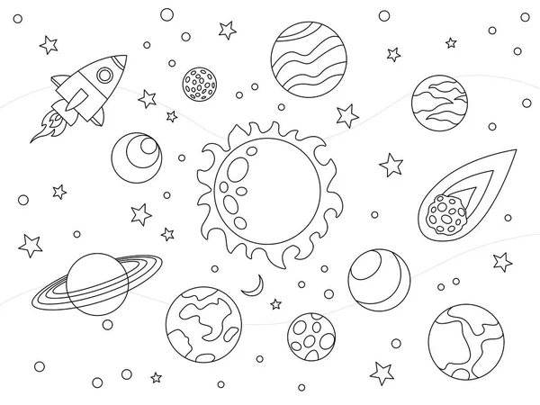 Colocação De Jogos Espaciais Vetoriais Para Crianças, Conjunto De Contorno  De Crianças Com Planetas De Foguete De Astronauta De Desenho Animado, Jogo  E Tapete De Atividade De Colorir Com Labirinto, Conecte Os