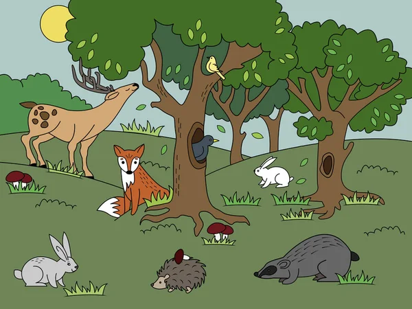 Dibujos animados bosque para colorear vector ilustración — Vector de stock