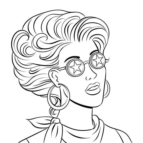 Belleza mujer joven en gafas de estrella para colorear vector — Archivo Imágenes Vectoriales