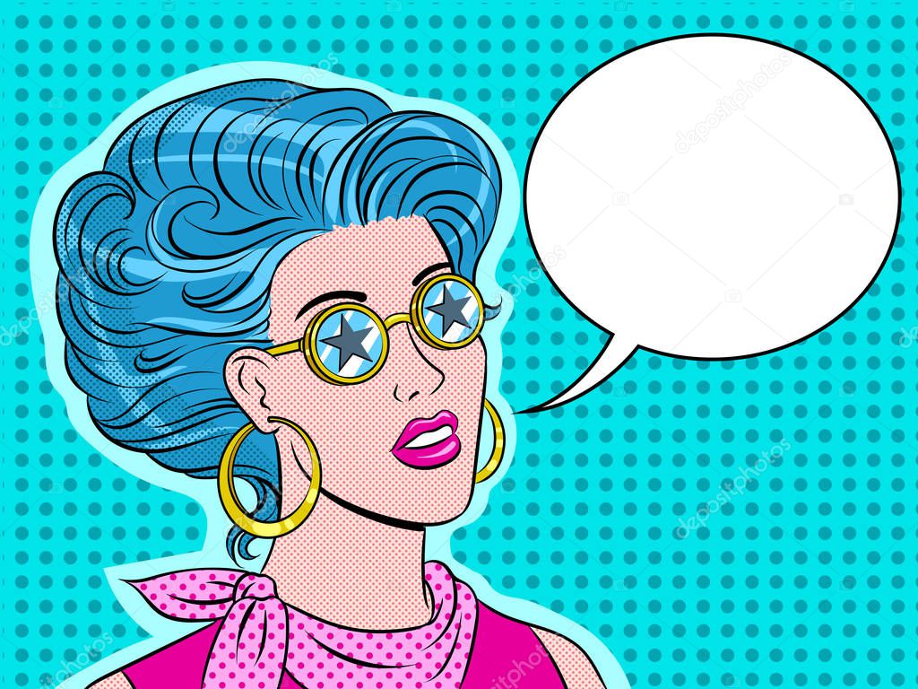 Beauty young woman in star glasses pop art vector