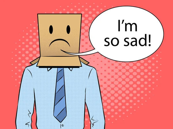 Man with box sad emoji on head pop art vector — Stock Vector