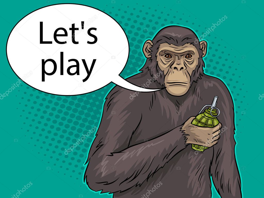 Monkey with grenade pop art vector illustration