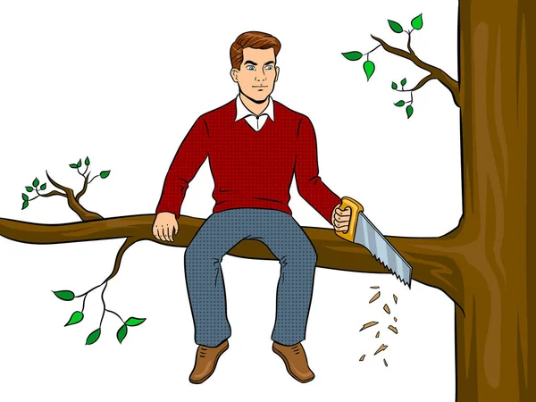 Homem serrar ramo árvore e sentar vetor de arte pop — Vetor de Stock