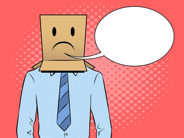 Man met de trieste emoji doos op hoofd popart vector — Stockvector
