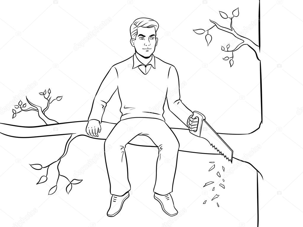 Man sawing tree branch and sit coloring vector