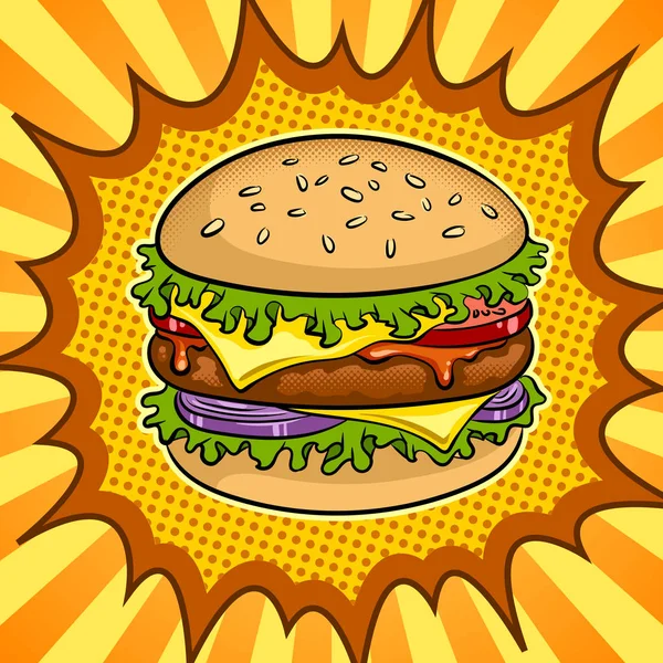 Burger sendvič pop art vektorové ilustrace — Stockový vektor