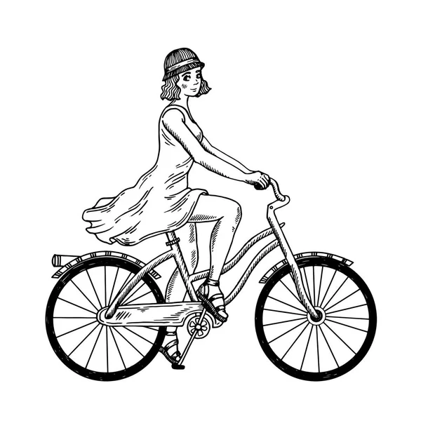 Jeune femme balade sur vélo gravure vecteur — Image vectorielle