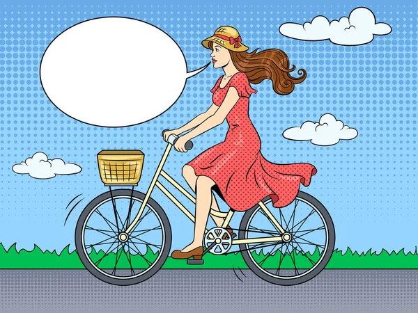 Young woman ride on bicycle pop art vector — Stock Vector