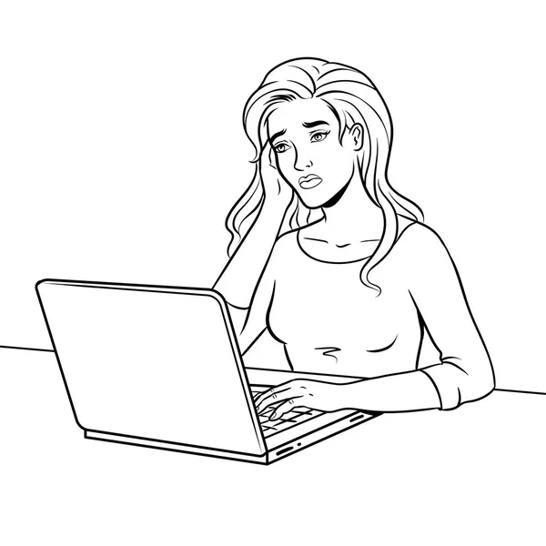 Chica triste con ilustración vector para colorear portátil — Vector de stock