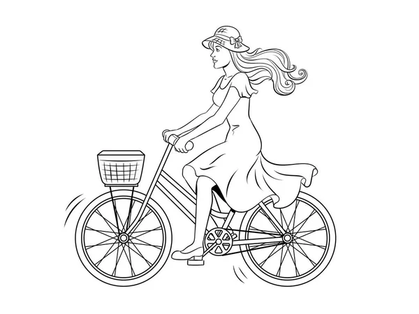 Rit van de jonge vrouw op fiets kleuren vector — Stockvector