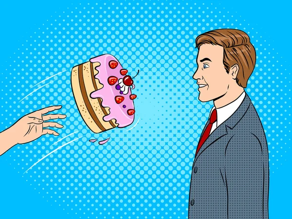 Gâteau est jeté dans le visage illustration vectorielle pop art — Image vectorielle