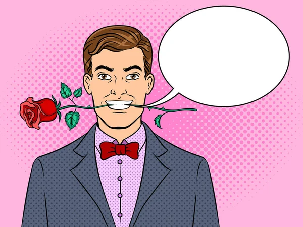Man with rose flower pop art vector illustration - Stok Vektor