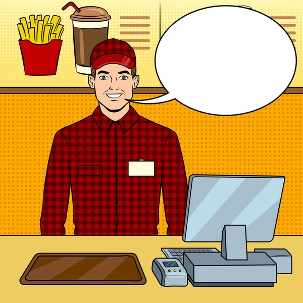 Fast food seller no trabalho pop arte vetor — Vetor de Stock