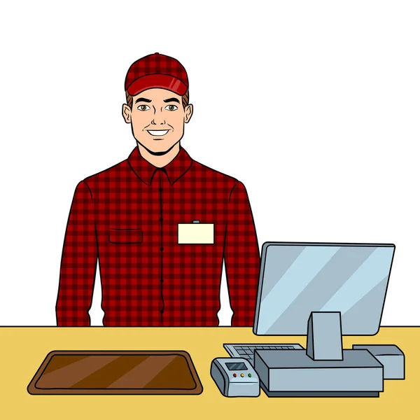 Fast food vendeur au travail vecteur pop art — Image vectorielle
