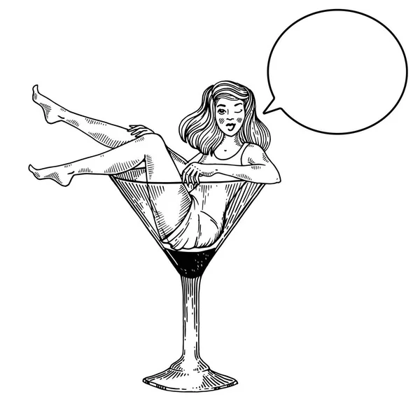 Mulher beleza em martini vidro gravura vetor —  Vetores de Stock