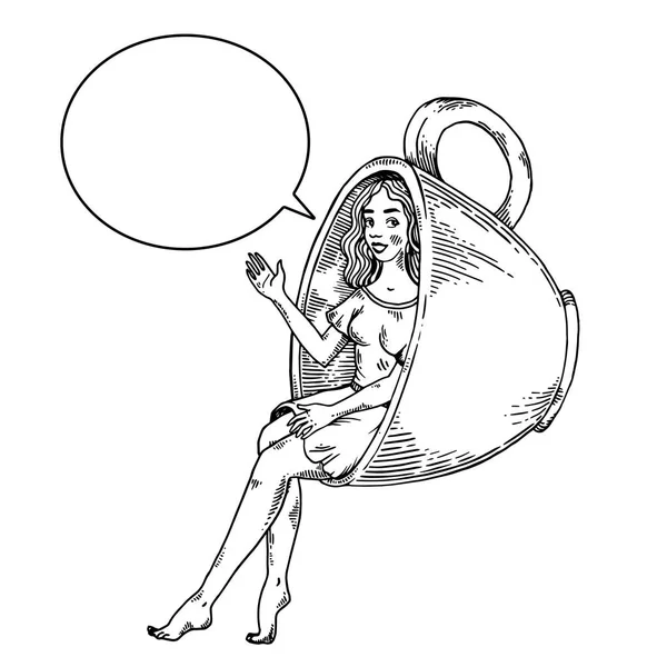 Красота молодая женщина в кофейной чашке вектор гравировки — стоковый вектор
