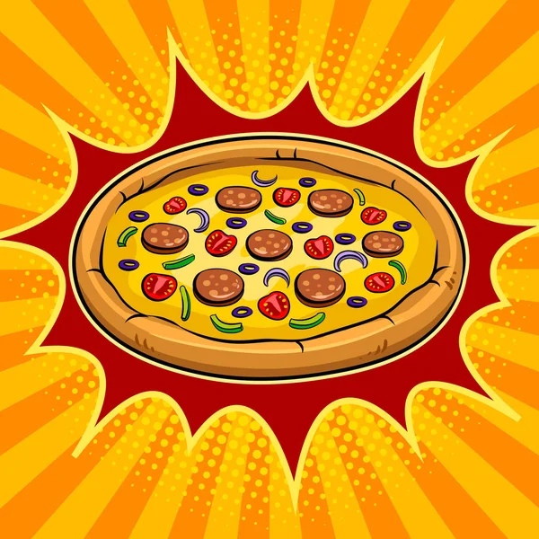 Pizza redonda arte pop vector ilustración — Vector de stock