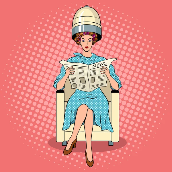 Mujer con secador de pelo pop art vector — Vector de stock