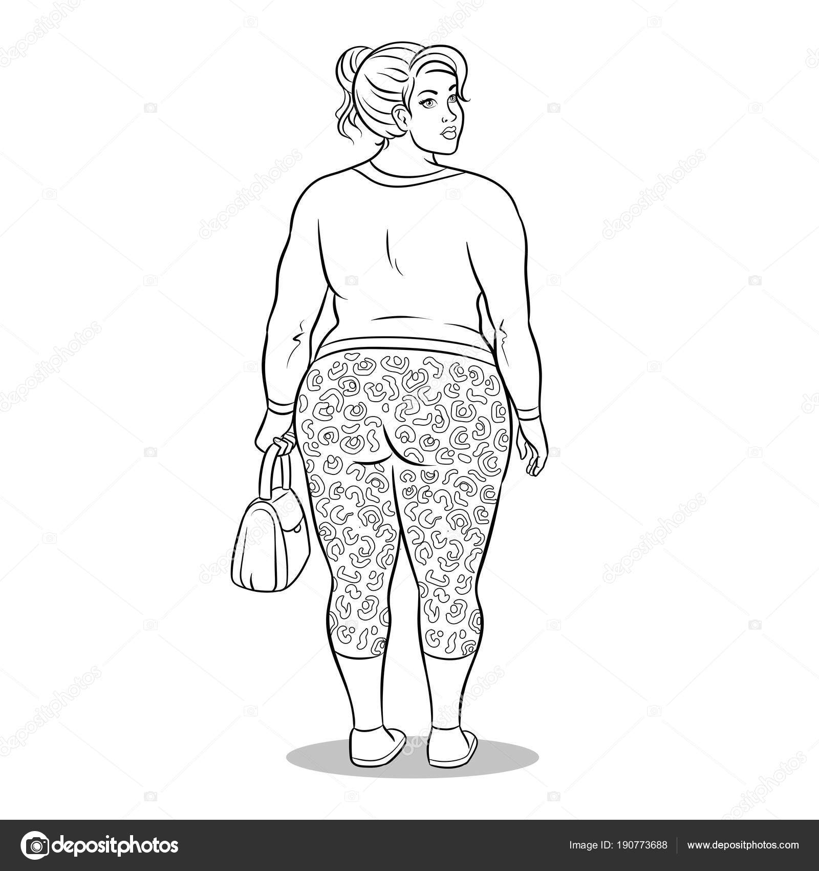 Fat girl in leopard leggings coloring book vector Stock Vector by