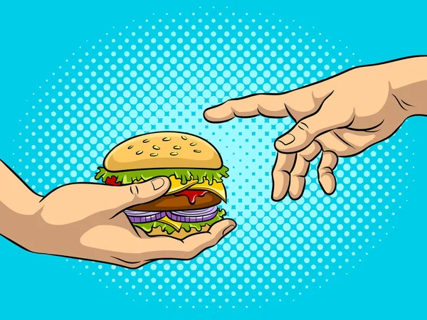 Hände mit Burger Pop Art Vektor Illustration — Stockvektor