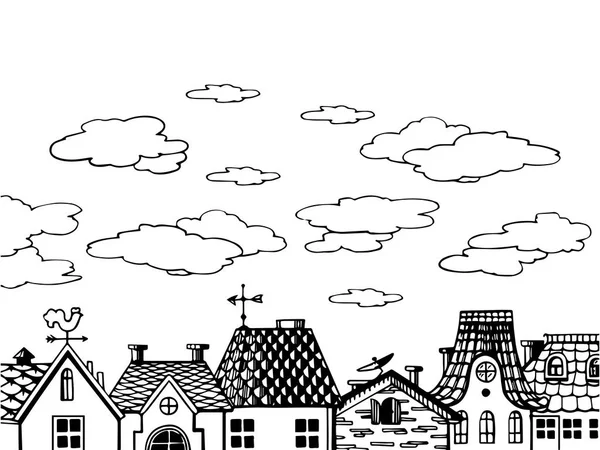 Vieilles maisons gravure sur toit illustration vectorielle — Image vectorielle