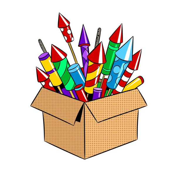 Box with fireworks pop art vector illustration