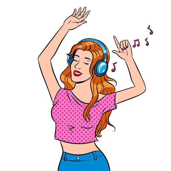Chica escuchar música y bailar vector de arte pop — Vector de stock