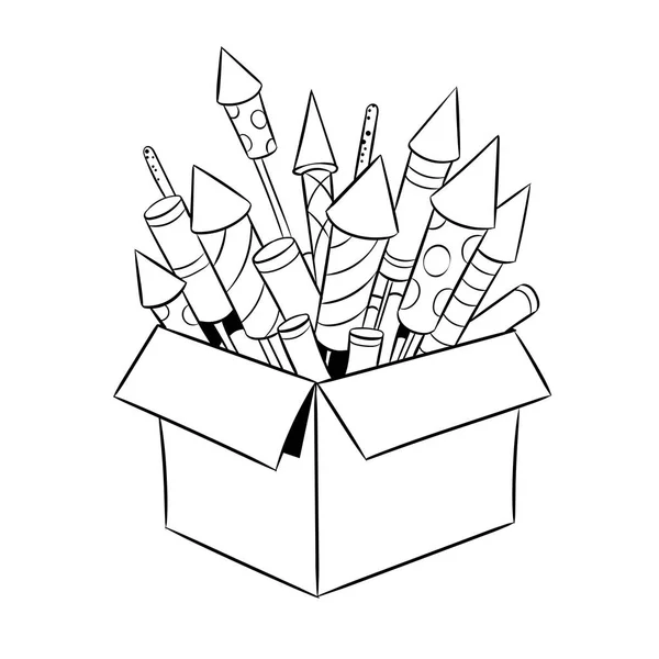Caja con fuegos artificiales para colorear libro vector — Vector de stock