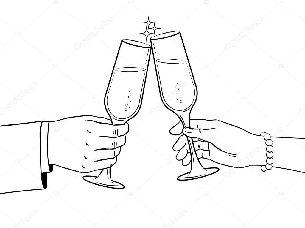 Clinking glasses champagne coloring book vector