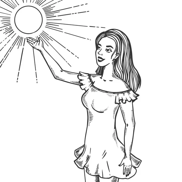 Meisje en zon gravure vectorillustratie — Stockvector