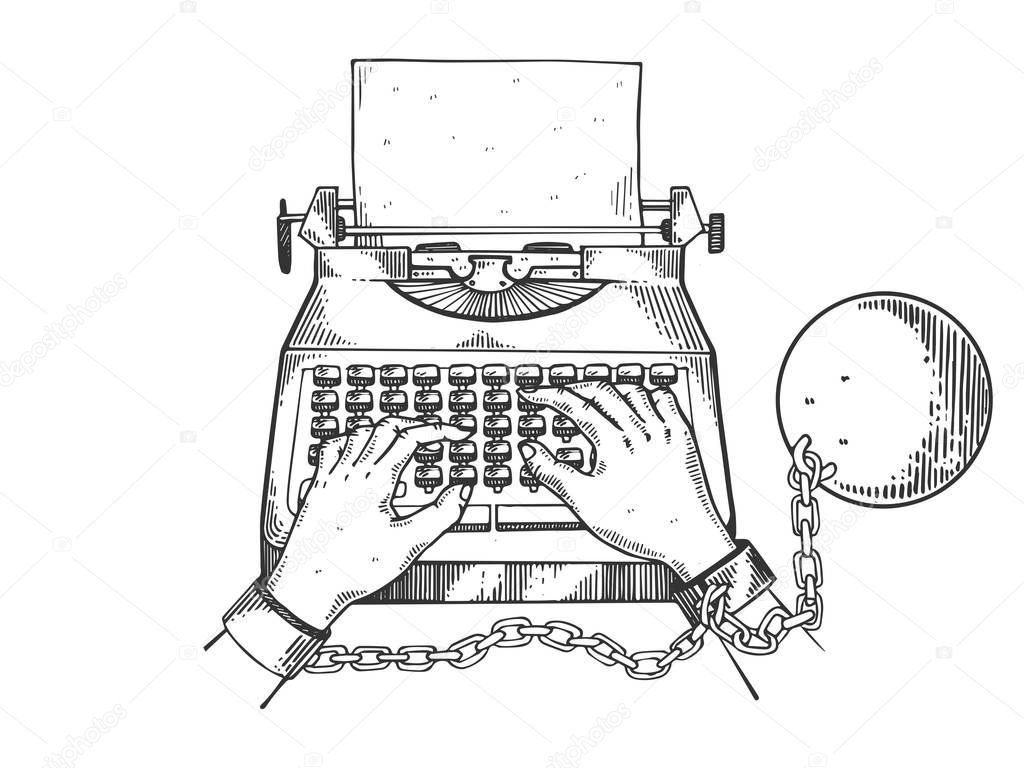 Hands chained to typewriter engraving vector