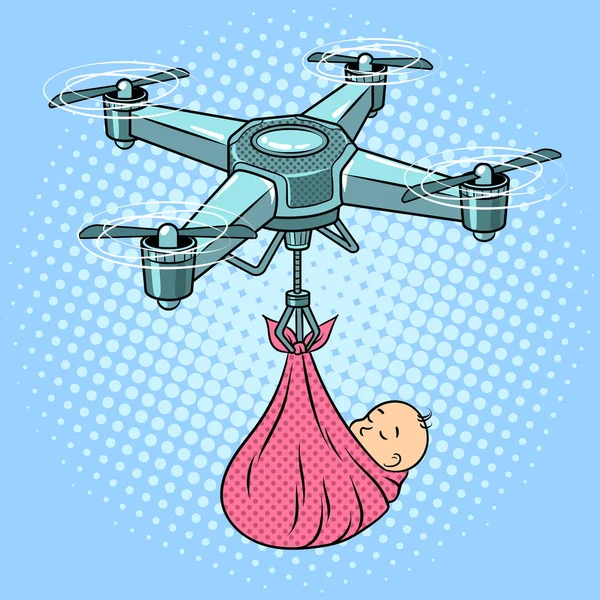 Drone stork with newborn baby pop art vector — Stock Vector