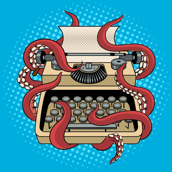 Macchina da scrivere con tentacoli di polpo pop art vector — Vettoriale Stock