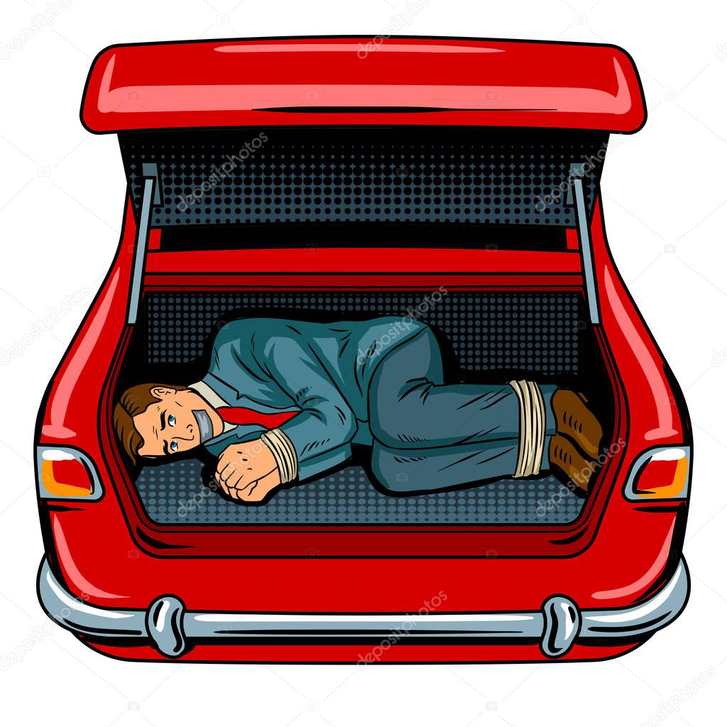 Kidnapped man in the car trunk pop art vector