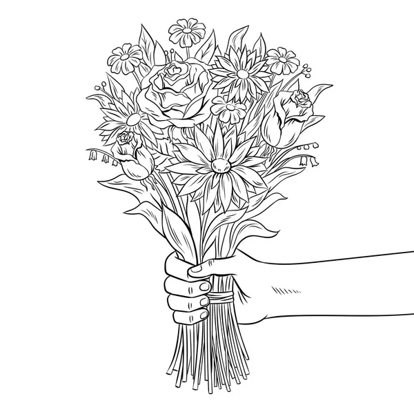 Mano con flor para colorear libro vector ilustración — Archivo Imágenes Vectoriales