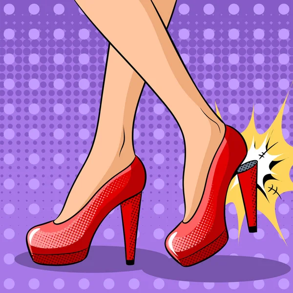 Женщина сломала каблук на красных туфлях вектор поп-арта — стоковый вектор