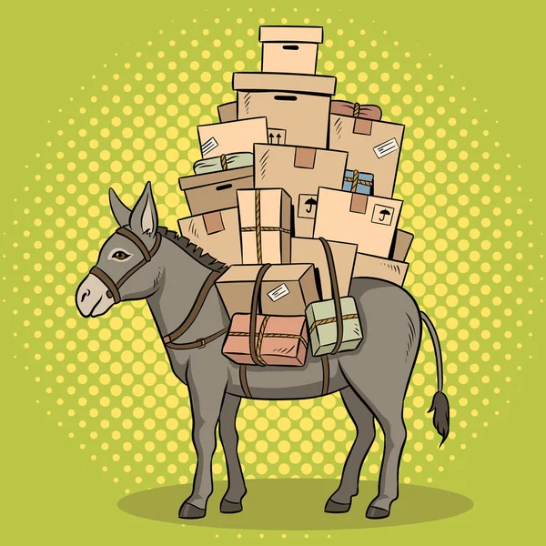 Donkey loaded parcels pop art vector illustration — Stock Vector