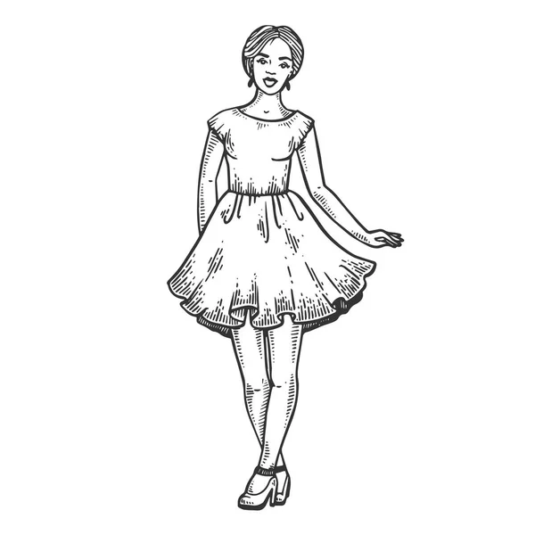 Jonge vrouw in jurk gravure vectorillustratie — Stockvector