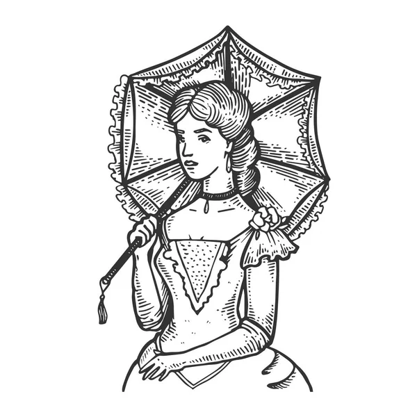 Antigua mujer y paraguas grabado vector — Vector de stock