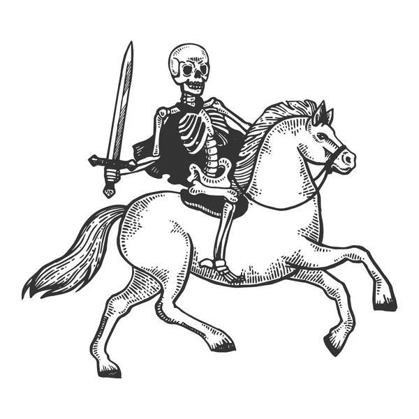 Esqueleto guerrero en caballo grabado vector — Vector de stock