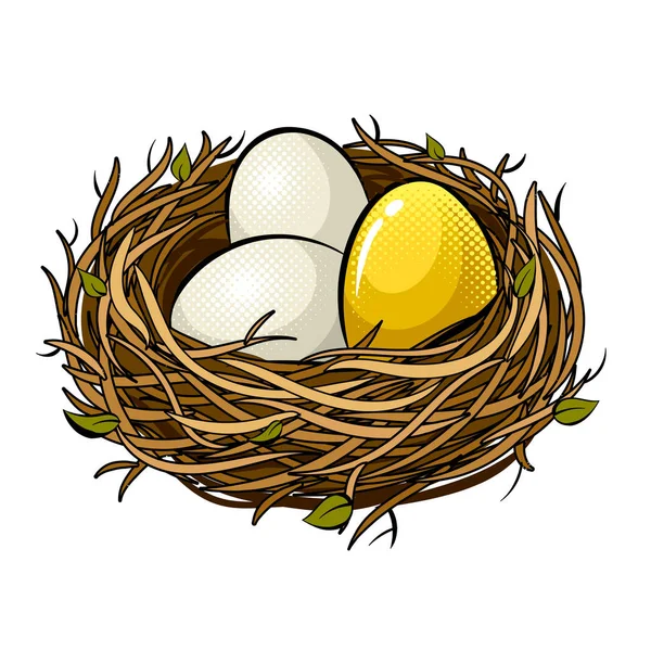 Ninho com ilustração de vetor de arte pop ovo dourado — Vetor de Stock