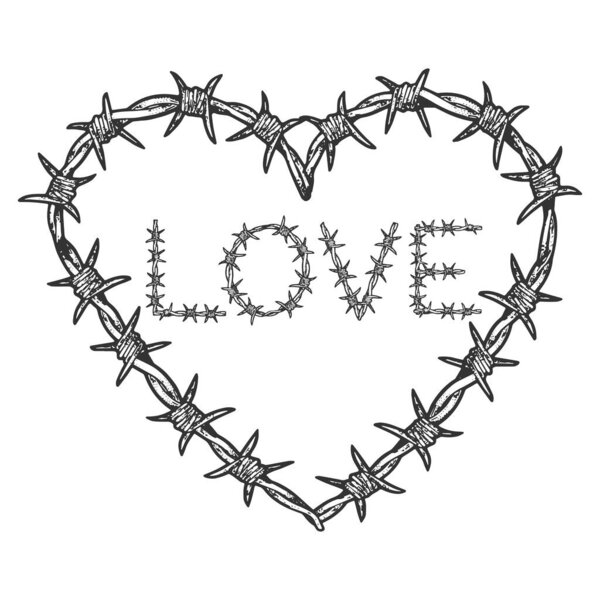 Heart symbol love barbed wire sketch engraving vector illustration. Romantic love lovesickness symbol. T-shirt apparel print design. Scratch board imitation. Black and white hand drawn image.