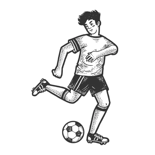Футболіст з м'ячем Ескіз гравіювання Векторні ілюстрації. Дизайн футболки для друку. Імітація дошки подряпин. Чорно-біле намальоване зображення руки . — стоковий вектор