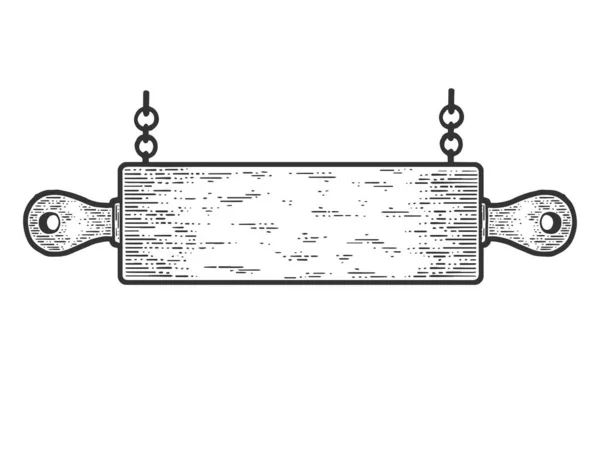 Rolling pin placa de madera boceto grabado vector ilustración. Diseño de estampado de ropa de camiseta. Scratch board imitación. Imagen dibujada a mano en blanco y negro . — Vector de stock